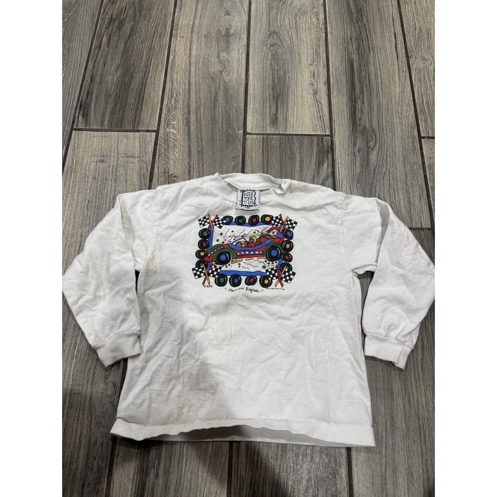Vintage MIS TEE V-US Kids‎ Unisex XS White Long Sleeve Race Car T-Shirt Graphic